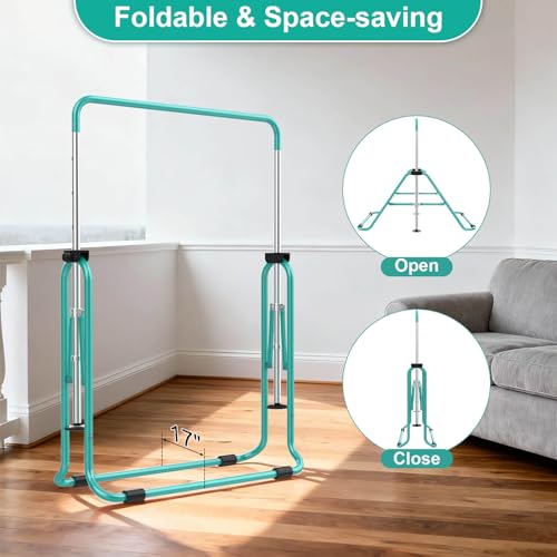 SHIWEI Gymnastics Bar for Kids, Gymnastic Kip Bar 5-Height Adjustable Home | Foldable, Indoor Outdoor Use, 140lb Capacity, for Ages 3-8, with Gymnastics Rings, Anti-Slip & Space-Saving Design - color: Green with mat
