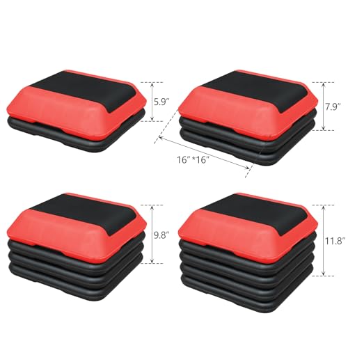 16" x 16" High Aerobic Step Aerobics Stepper Platform with 4 Risers, Exercise Workout Stepper, Home Gym Equipment, Fitness Step Platform, Adjustable Aerobic Stepper - color: Black+Red