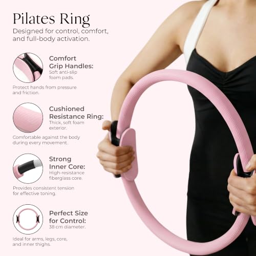 Pilates Kit for Home Workouts with 14” Pilates Ring, 8” Mini Pilates Ball, and 3-Piece Booty Band Set, Pilates Essentials Kit for Women with Guided Workout Video, Home Pilates Equipment - color: PINK