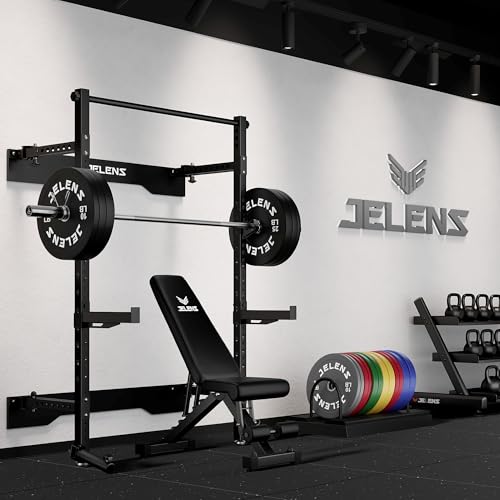 JELENS FS01 Folding Squat Rack, Wall Mounted Power Rack for Home Gym, Space Saving Multi-Functional Power Cage with More Attachments - color: Black, size: FS01 Squat Rack