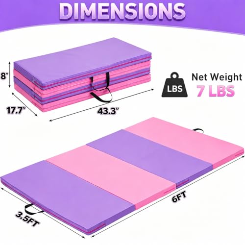 Gymnastics Mat, 3FTx6FT / 4FTx8FT 2" Thick Folding Kids' Gymnastic Tumbling Mat for Home Gym Exercise & Play - color: 3.5x6FT-Pink&Purple