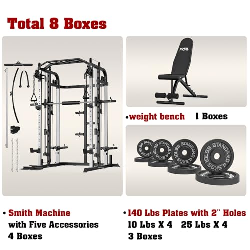 Smith Machine, Multifunctional Power Cage Rack with Smith Bar and Cable Pulley System, and LAT Pull Down Machine for Home Gym… - style: Power Cage with 140 Lbs Plates and Bench