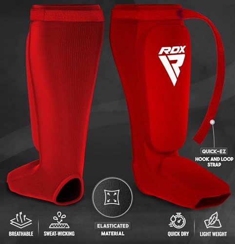 RDX Shin Guards Kickboxing Muay Thai, SATRA Approved, MMA Leg Instep Protection Pads, Sparring Training Martial Arts Boxing, Elasticated Padded Protector, Karate BJJ Taekwondo Gear, Men Women - color: Red White, size: Large