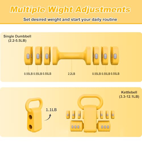 RINREA Adjustable Dumbbell Set, Hand Weight Dumbbells with Kettlebell Shell | ABS, Weight Adjustable, Quick Lock, Kettlebell & Dumbbell in 1 Set, Compact, Space-saving, Women, Home Gym, Office, Traveling - color: Yellow