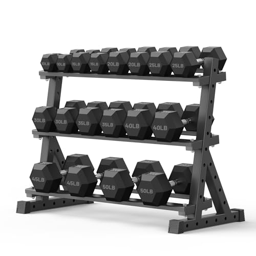 PAPABABE Dumbbell Set with Rack Dumbbells Rubber Encased Home Gym | PAPABABE Complete & Durable Cast Iron Core Odorless PVC Antiroll Hex Shape Ergonomic Chrome Handle Versatile Home Gym - size: 540LB with 3-Tier Weight Rack