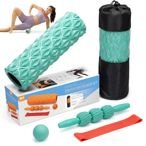 5 in1 Foam Roller Set, Trigger Point Foam Roller, Massage Roller Stick, Massage Ball, Resistance Band for Deep Muscle Massage Pilates Yoga,Fitness Exercise for Whole Body (Pure Turquoise) - color: Pure Turquoise