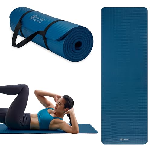 Gaiam Thick Yoga Mat, Exercise & Fitness Mat with Easy-Cinch Carrying Strap | Non-Slip NBR Foam | Joint Cushioning | Yoga, Pilates, Fitness & Floor Workouts | 72"L x 24"W - color: Navy