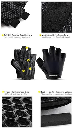 Fitgriff® Workout Gloves (Padded) for Men & Women - Fingerless Gym Gloves for Weight Lifting, Training - Full Palm Protection - color: Black, size: 5