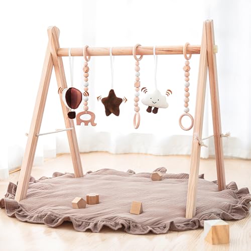 Wooden Baby Play Gym Play Mat Foldable with 6 Hanging Toys for Shower Gift | Baby Activity Frame Natural Pine Wood with 6 Sensory Toys Foldable Montessori Baby Gym with Cotton Mat Newborn Shower Gift