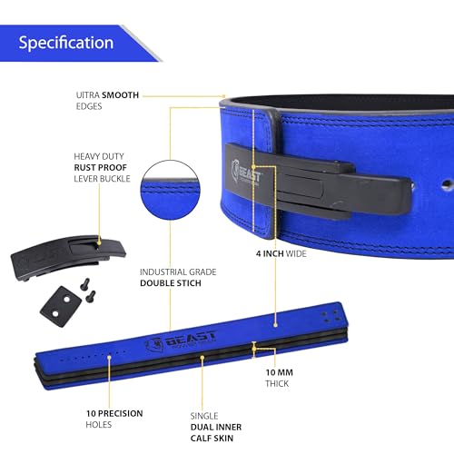Beast Power Gear Weight Lifting Belt Lever Buckle 10MM 13MM Thick & 4 Inches Free Strap Weightlifting, Powerlifting, Deadlifts, Squats Men Women - color: Blue/Black, size: Small