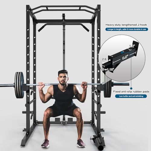 ULTRA FUEGO Power Cage, Multi-Functional Power Rack with J-Hooks, Dip Handles, Landmine Attachment and Optional Cable Pulley System for Home Gym - size: 150LB Weights Package,black