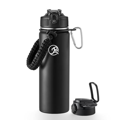GOSWAG 24oz Insulated Stainless Steel Travel Water Bottle, 2 Lids | with straw and no straw, Paracord handle, Double-wall vacuum keeps drinks cold or hot, Leakproof tumbler - color: Matte Black