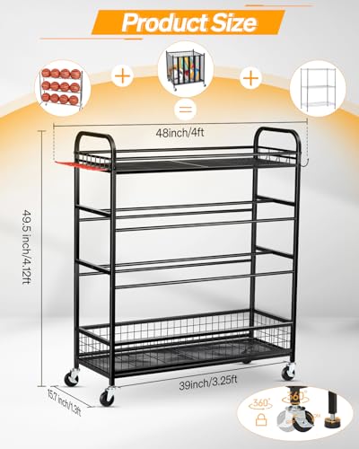 EXTCCT Garage Sports Equipment Organizer - Rolling Ball Storage Bin with Wheels, Garage Sports Gear Rack Outdoor Basketball Racks for Balls with Baseball Bat Holder and Hooks, Toy Organizer - color: Black