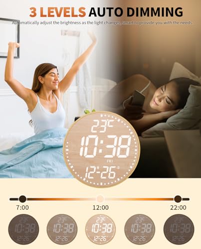 12" Large Digital Wall Mount Clock, Count Down Timer, Alarm, Big LED, 12 RGB Color, Temperature for Living Room Classroom Desk (Bamboo Elements) - style: Bamboo Elements