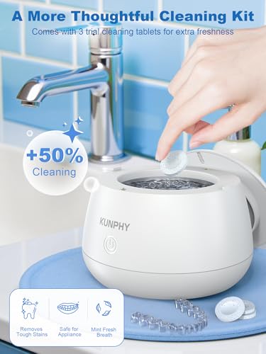 KUNPHY Ultrasonic Retainer Cleaner Machine, 48kHz Dental Cleaning Pod Home | 4 LED Light 48KHz Ultrasound Portable Mouthguard Night Guard Cleaner, IPX7 Waterproof, Quiet 45dB, Overheat Protection, White - size: 200ML