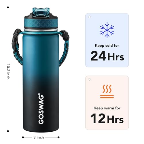 GOSWAG 24oz Insulated Stainless Steel Travel Water Bottle, 2 Lids | with straw and no straw, Paracord handle, Double-wall vacuum keeps drinks cold or hot, Leakproof tumbler - color: Navy Blue-Black Ombré