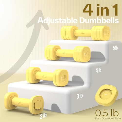 Adjustable Dumbbell Set of 2: Sportneer 4 in 1 Free Weights Dumbbells Set for Women, Hand Weights for Women at Home, Available in 5 lb × 2 and 10 lb × 2 Sets with Soft Rubber Handle for Home Gym Exercise Training - color: Butter Yellow, size: 5lb × 2
