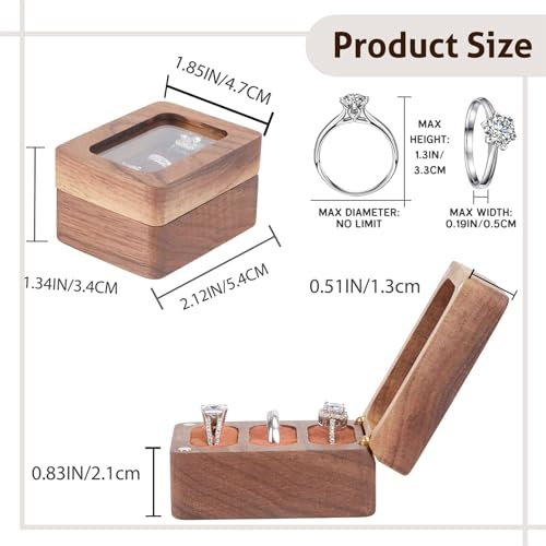 Walnut Ring Box 3 Slot - Clear Acrylic Window Display, Magnetic Closure Keepsake Jewelry Holder for Wedding Proposal Engagement Ceremony Anniversary Birthday Gift - color: A-Brown