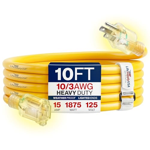 10ft Outdoor/Indoor Extension Cord 10/3 Gauge Ultra Heavy Duty 3 Prong SJTW, Waterproof, Flexible Cold-Resistant Long Power Cord,15A 125V 1875W, Yellow by LifeSupplyUSA - color: Yellow, size: 10 FT, style: 10AWG