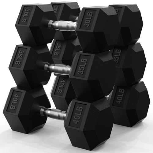 Hex Dumbbell Set 60-650lb, Weights Set Rubber Encased, Home Gym | PAPABABE Complete & Durable Cast Iron Core Odorless PVC Antiroll Hex Shape Ergonomic Chrome Handle Versatile Home Gym - size: 210 lb Set (Pair of 30, 35, 40), style: Chrome Grip
