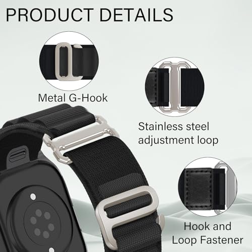 Alpine Loop Nylon Band - Compatible with Apple Watch Ultra 2/Ultra Bands 49mm 45mm 44mm for Men Women, Adjustable with Metal C Hook Strap for iWatch Ultra 2 iWatch Ultra Series 10 46mm SE/9/8/7/6/5 - color: Alpine/Deep Black Titanium