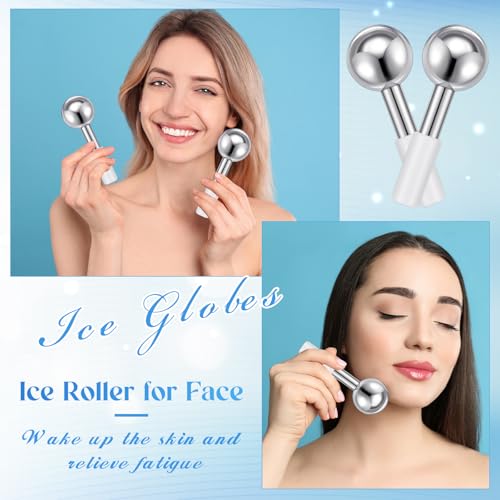 Baderke 2 Pcs Ice Globes for Face Stainless Steel Cooling Globes Unbreakable Cooling Roller Women Ice Balls Cryo Sticks Facials Skin Care for Dark Circles, Puffiness(Silver (White Handle)) - color: Silver (White Handle)