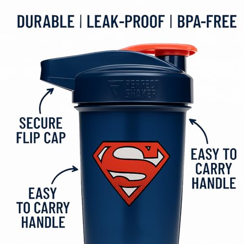 PerfectShaker ACTIV DC Comics & Justice League Series | Leak-Proof, BPA-Free, Shatter-Resistant | ActionRod Mixing Technology for Smooth Blends | Gym, Fitness & Sports Shaker - 28oz Superman(Blue) - color: Superman(Blue)
