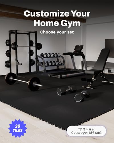 AIRHOP 0.56in Thick 144 Sq Ft Exercise Equipment Mats, 36 Tiles Upgraded Rubber Top with High Density EVA Foam, Large Interlocking Puzzle Gym Flooring for Home Gym, Heavy Weight Workout, 24 x 24in - color: Black, size: 144 Sq Ft (36 Tiles)