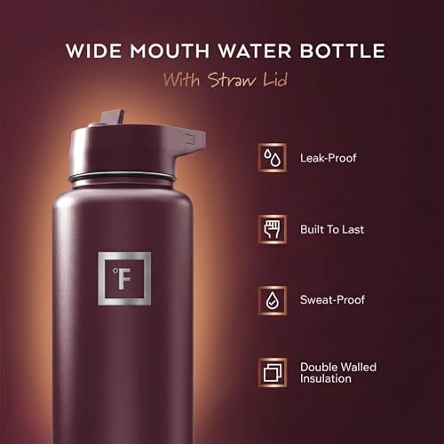 IRON °FLASK 40 oz Wide Mouth Water Bottle with Straw | Insulated Stainless Steel Sports Water Bottle with Leakproof Straw Lid - BPA Free, Cold 24 Hrs, Sweat Free (Burgundy) - color: Burgundy, style: Straw - 40 Oz (1 Lid)
