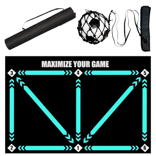 Football Footstep Training Mat, Soccer Training Mat 35 * 24IN, Soccer Skills Training Equipment with Storage Bag and Soccer Return Trainer Net - color: Black-Blue
