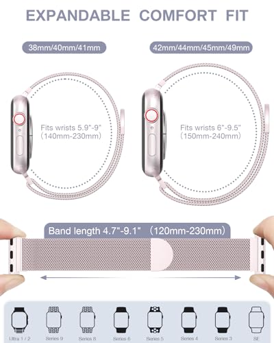 Original Stainless Steel Milanese Loop Compatible with Apple Watch Band 38mm 40mm 41mm 42mm 44mm 45mm 46mm 49mm, Magnetic Clasp Replacement Band for iwatch Series 10 9 8 7 6 5 4 3 2 1,Ultra/Ultra 2, SE Women & Men Watch Strap for iWatch (Pink, 49mm/45mm/4