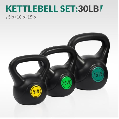3-Piece Wide Grip Kettlebell Set, 5 10 15 lbs Vinyl Coated Black Weights | 3-Piece Wide Grip Kettlebell Set5/10/15 lbsVinyl Coated Full Body Workout, Durable, for Home Gym Strength Training