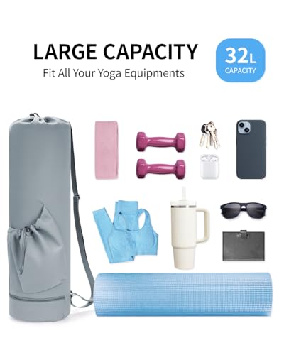 sportsnew Yoga Mat Bag with Water Bottle Pocket & Wet Pocket for Women | Yoga mat carrier fits 1/8"-3/8" yoga mats, quick-access multi-pocket organization, lightweight for gym, Pilates & studio - color: Dusty Blue, size: Large