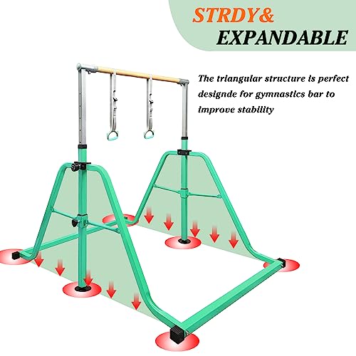 Foldable & Moveable Gymnastics Horizontal Bar with Rings,3’to 5’Adjustable Height Expandable Junior Kip Bar for Home,Indoor Gym Equipment for Kids - style: Green with MAT