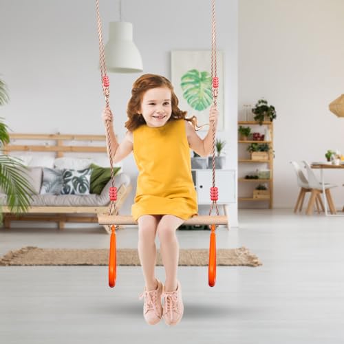 PELLOR Kids Trapeze Bar with Rings,Wooden Trapeze Swing Bar for Ninja Warrior Obstacle Course,Children's Swing Set Indoor Outdoor Garden,Yard,Playground - color: Orange