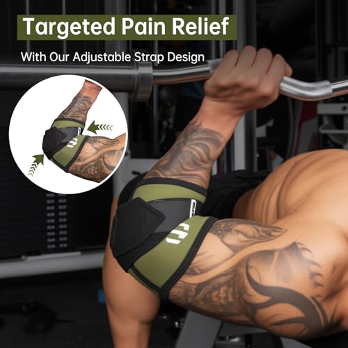 MANUEKLEAR Adjustable Compression Elbow Wraps for Weightlifting(1 Pair), Elbow Sleeves Weightlifting Men with Compression Band, 5mm Neoprene Elbow Strap for Weight Lifting and Bench Press - color: Olive Green, size: S(10.23-11.02 IN)
