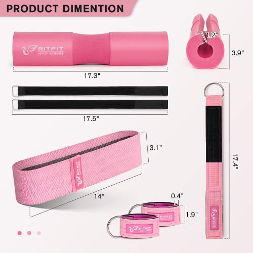 RitFit 7PCS Barbell Squat Pad Set, Hip Thrust & Lunges | Includes Resistance Band, 2 Safety Straps, 2 Gym Ankle Straps & Carry Bag, Upgraded Neck & Shoulder Protective Pad - color: Pink