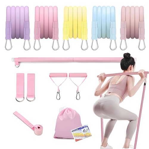 Pilates Bar 12-in-1 Kit with 5-Level Resistance Bands, 100 lbs Total, Home Workout Equipment for Legs, Arms, Core & Full Body, Adjustable 3-Section Pilates Stick, Foldable Design with Storage Bag