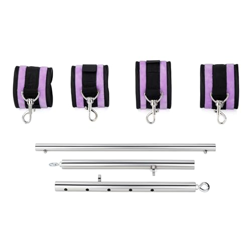 Heavy Duty Stainless Steel Expandable Spreader Bar with 4pcs PU Black--Pink Skull Pattern Detachable Adjustable Straps,Workout Bar for Home Indoor Gym Training Kit - style: Silver+Purple Furry Kit