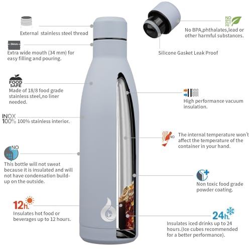 BJPKPK 25oz Insulated Stainless Steel Water Bottles Reusable Metal Travel Sports Water Bottle Keep Cold and Hot,Mist Grey - color: Mist Grey, size: 25 Ounces