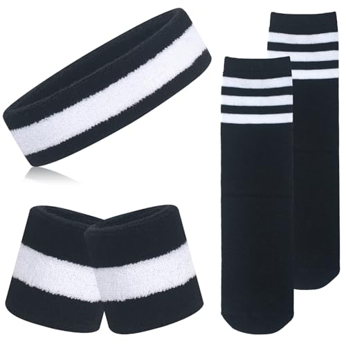 ONUPGO 5 Pieces Kids Sweatbands Soccer Socks Set - Sports Headband, Wristbands, Striped High Socks for Kids, Youth,Toddler & Baby - Football, Basketball, Running, Cycling, Tennis - color: Black/White/Black