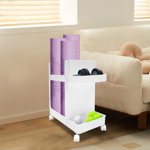 Workout Equipment Storage Cart, Floor Standing Multifunctional Fitness Gear Organizer Rack with Wheels for Home Gym, Yoga Studio, Gray - color: White