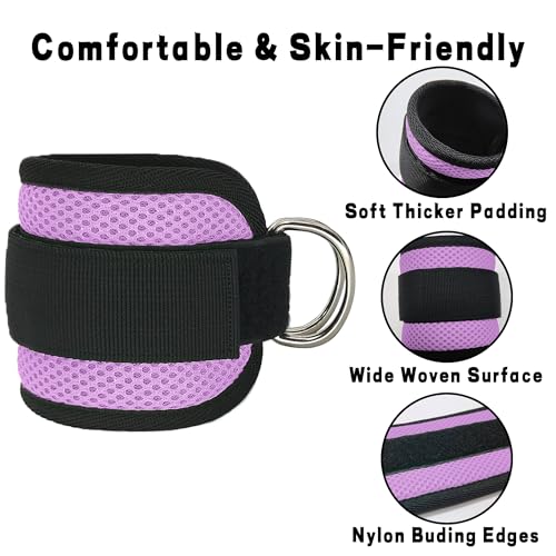 Fitness Ankle Straps for Cable Machines, 2 Pack Comfortable Adjustable Padded Ankle Wrist Cuffs, Kickback Glute Workouts for Men Women, D-Ring Leg Straps with Neoprene Padding - color: yy-Purple