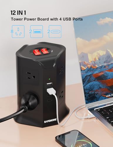12-in-1 Power Strip with 8 AC Outlets & 4 USB Ports (2 USB-C) - 6ft Heavy Duty Surge Protector with Auto-Reset GFCI, 10A Tower for Home Office, Dorm, Travel & Garage - style: 3 Prong GFCI Plug