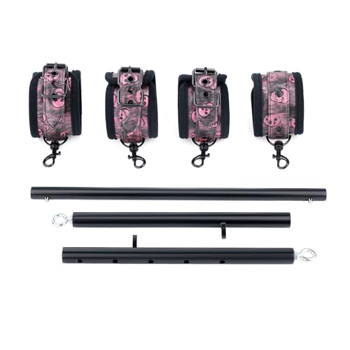 Heavy Duty Stainless Steel Expandable Spreader Bar with 4pcs PU Black--Pink Skull Pattern Detachable Adjustable Straps,Workout Bar for Home Indoor Gym Training Kit - style: Black+Black-Pink PU Kit