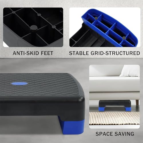 Fitvids Aerobic Step Platform Trainer with Adjustable 2-Level Risers, 400 Pound Weight Capacity – Non-Slip Exercise Stepper for Cardio, Strength, and Fitness Workouts, 18-Inch, Multiple Colors - color: Black and Blue