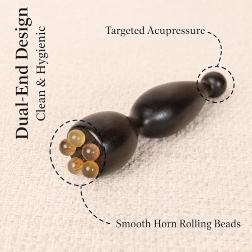 Eye Massage Tool, Sandalwood Eye Massager Tool with 5 Smooth Horn Beads, Dual-End Eye Roller Tool for Puffy-Looking Eyes, Eye Massage Stick for Face and Under Eye Self Care, 1 Pack - color: Deep Wood Tone