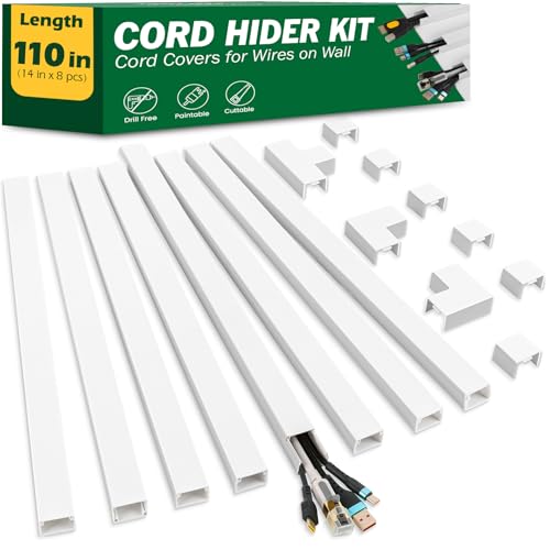 AZEN Cord Hider Kit, 110in Cord Covers for Wires on Wall, Paintable Wire Covers for Cords on Wall, Self-Adhesive Cable Hider Cord Organizer, Wire Hiders, 8X L14in X W0.96in x H0.57in - color: M-8P