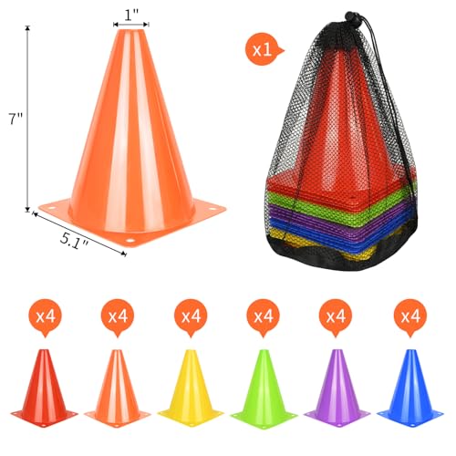 PXZBLG 12/24/50pcs Soccer Cones, 7" Plastic Traffic Cones | for Sports Training, Football, Soccer, Basketball, Coaching, Practice - color: 6 Colors, size: 7", 24pcs