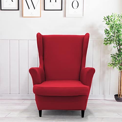 NILUOH Wingback Chair Cover 2-Piece Soft Stretch Wing Chair Slipcover Solid Color Armchair Sofa Couch Cover Furniture Protector with Elastic Bottom for Living Room Bedroom (Red) - color: Red